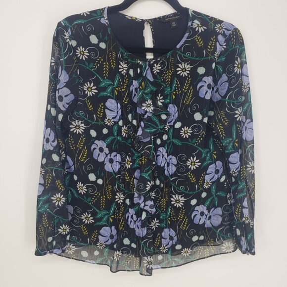 3/$25 Banana Republic Floral Print Blouse Top XS Ruffle‎ Trim Long Sleeve Black - Picture 1 of 7